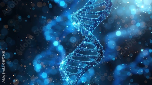 DNA double helix in light blue futuristic style on technology background with circuit. photo