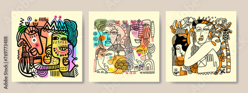 Face portrait abstraction geometric, shapes and doodle hand drawn vector wall art illustration. Creative graphic design minimalist silhouette cubism people.