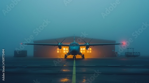 Aircraft Ready for Departure in Misty Airport Dawn. Stationary aircraft awaits takeoff on a foggy runway, with a warm glow from the airport hangar signaling the start of a new day.