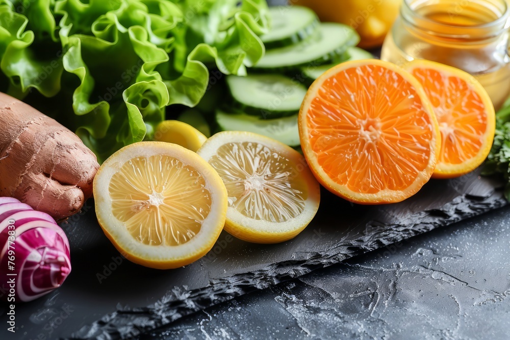 Fresh Organic Vegetables and Citrus Fruits Arrangement on Dark Slate Background for Healthy Eating Concept Fresh Organic Vegetables and Citrus Fruits Arrangement on Dark Slate Background for Healthy Eating Concept