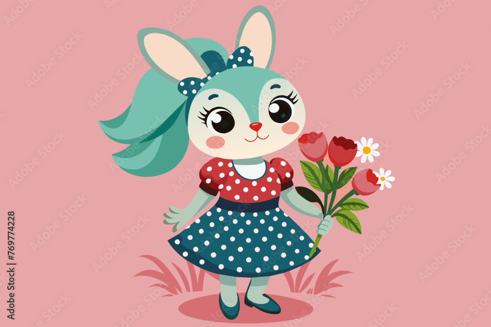 cartoon fashionable bunny in a polka dot dress hol - obrazy, fototapety, plakaty 