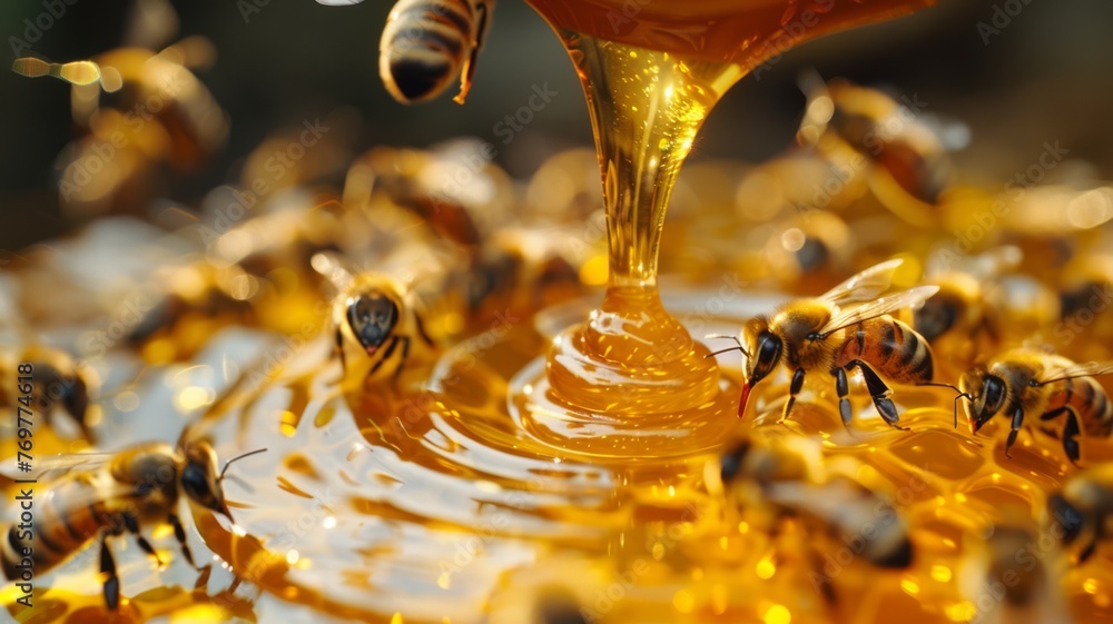 A golden honey swirl dripping from a wooden dipper, with bees buzzing - obrazy, fototapety, plakaty 