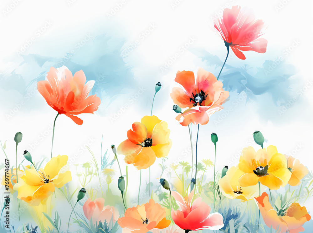 Obraz premium Artistic illustration of vibrant poppies, wildflowers with a soft, pastel sky backdrop