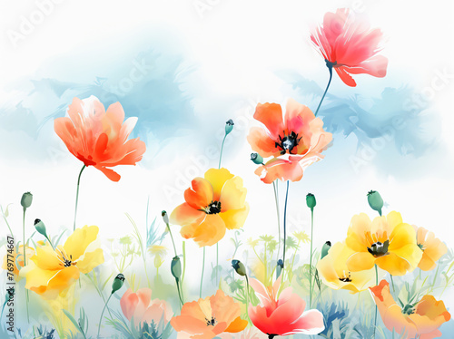 Artistic illustration of vibrant poppies  wildflowers with a soft  pastel sky backdrop