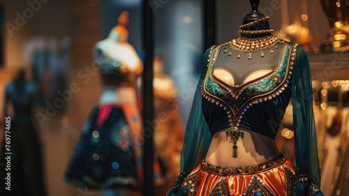 Elegant belly dance costume displayed on mannequin with intricate beadwork and vibrant colors.