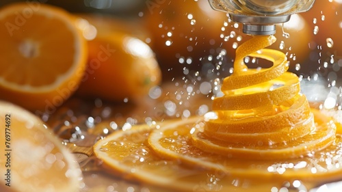 A juicer squeezing out a spiral of orange juice, with a twist peel