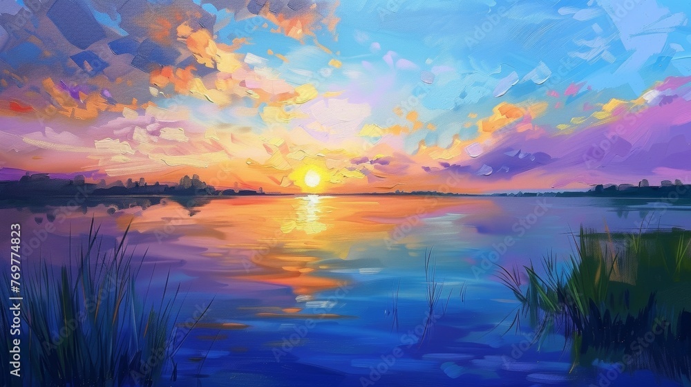 Obraz premium Impressionist style sunset over water