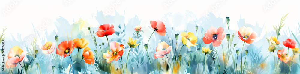 Artistic illustration of vibrant poppies, wildflowers with a soft, pastel sky banner backdrop