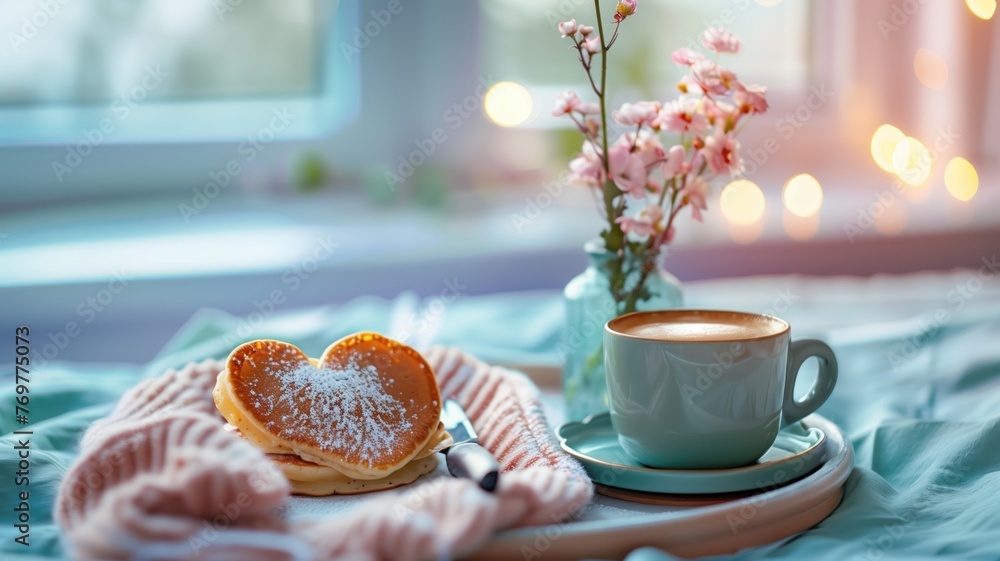 A cozy breakfast set up with a heart-shaped pancake and cup of coffee on bed, accompanied by soft lighting flowers. - obrazy, fototapety, plakaty 