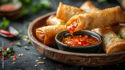 A crisp spring roll being dipped into a bowl of sweet and sour sauce