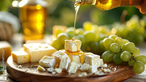 A delectable cheese platter with a drizzle of honey, surrounded by grapes