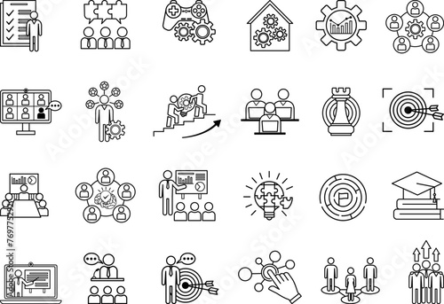 Workshop Icons Set. Vector Icons Team Building  Collaboration  Training  Testing  Goals  Skill Development  Productivity  Brainstorming and Other