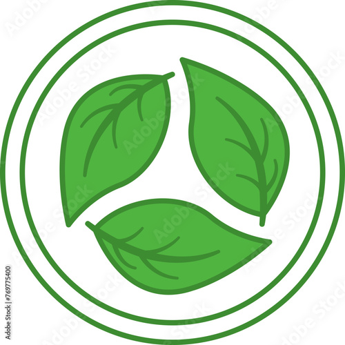 Green Recycled Fabrics Icon. Label for Eco-friendly Clothing. Vector Round Badge, Sticker, Logo, Stamp, and Tag for Organic Product Packaging