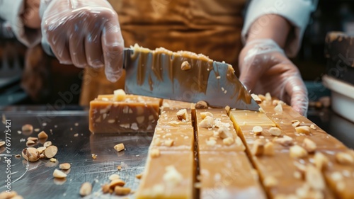 A person slices through nut-studded caramel bars using a large knife on metal surface. photo