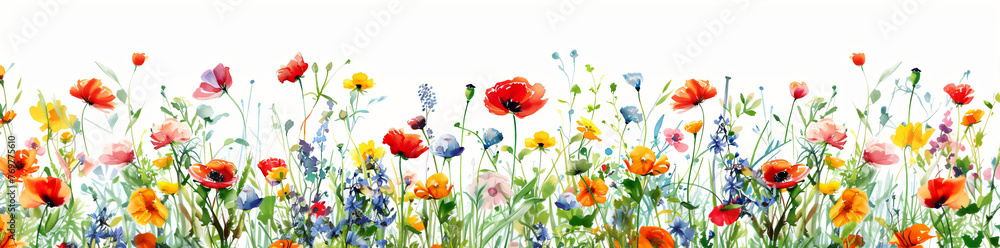Fototapeta premium Artistic illustration of vibrant poppies, wildflowers with a soft, pastel sky banner backdrop
