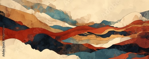 abstract watercolor painting of the sky, surrealistic clouds and mountains, muted colors
