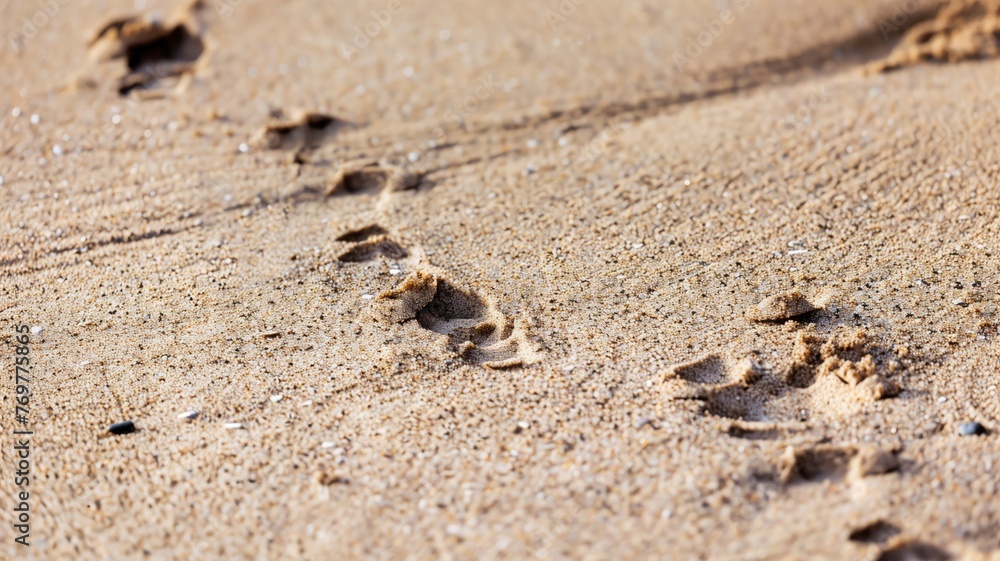 Footprints in sand, seemingly from a small animal, trail off into the distance on sandy beach. Footprints in sand, seemingly from a small animal, trail off into the distance on sandy beach.