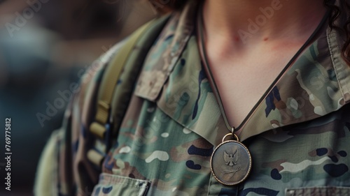 Close-up of a person in camo uniform with circular pendant featuring an emblem. photo