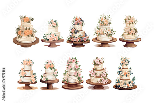 Set of wedding cake with floral arrangements flowers collection
