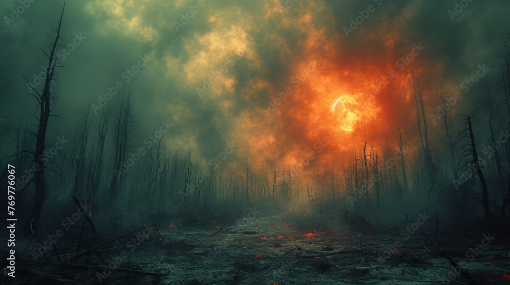 Apocalyptic landscape with fiery sky and dead trees - obrazy, fototapety, plakaty 