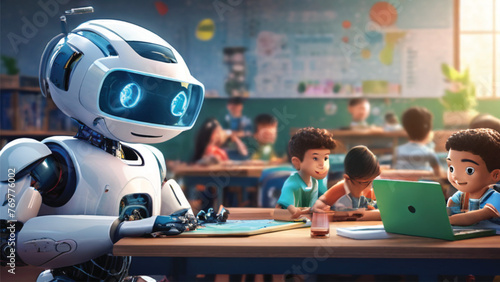 The robot explains the lesson to students in the classroom photo