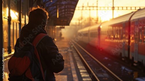 A person with a backpack waits at train station during vibrant sunset mist rising from the tracks.