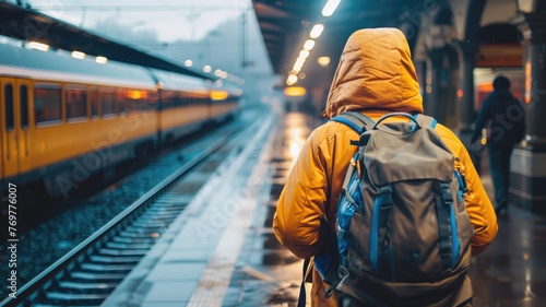 Person in a yellow jacket standing on train platform, facing the rail tracks, with and lights blurred background.