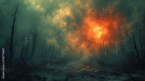 Apocalyptic landscape with fiery sky and dead trees