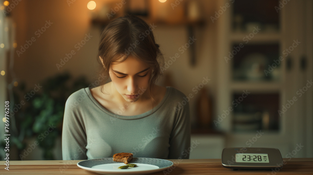 An unhappy depressed girl with a small piece of food on the plate. Eating disorder, anorexia, bulimia or dieting problem. No appetite. - obrazy, fototapety, plakaty 