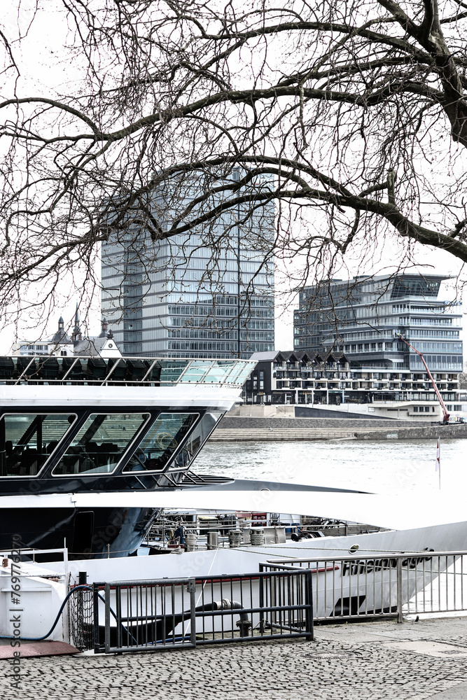 Obraz premium A cruise ship sails down a river through the city