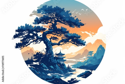 An illustration of the Nantian Mountain and Sea Epic in the style of a Chinese ink painting, featuring an ancient pine tree in front with three small pagodas at its base.