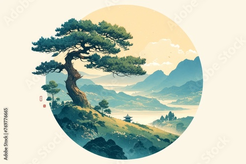 An illustration of the Nantian Mountain and Sea Epic in the style of a Chinese ink painting, featuring an ancient pine tree in front with three small pagodas at its base.