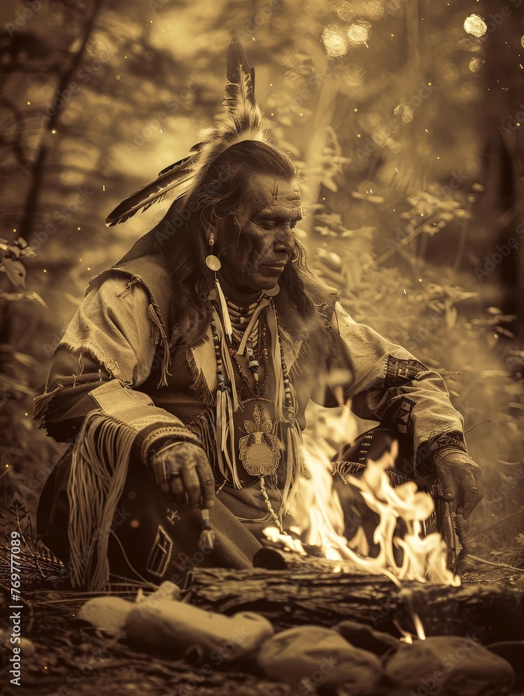Native Americans 19th century: American Indian in war attire, with feathers and tattoos sitting in front of a campfire in the nighttime forest