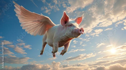 Pig with wings flying in the sky