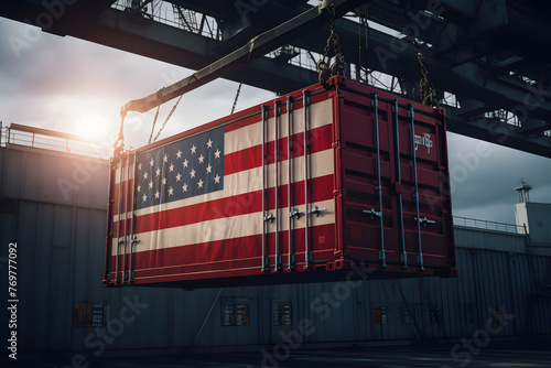 Flag of the United States flying container cargo cranes unloading ship harbor bay port photo