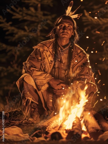 Native Americans 19th century: Young American Indian in war attire, with feathers and tattoos sitting in front of a bright campfire in the nighttime forest