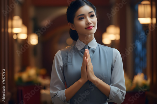 Portrait Asian model posing to pay respect with smiling wearing. Beautiful Asian businesswoman standing and is posing Wai. photo