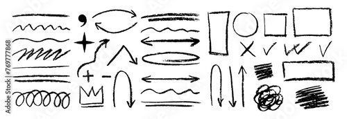 Set of black freehand brush lines different forms and check marks. Collection of vector grunge brushes. Vector horizontal chalk elements for notes, highlighting and underlining in text.