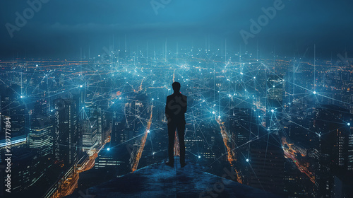 Businessman standing on Smart city map with big data connection technology concept. 3d rendering.