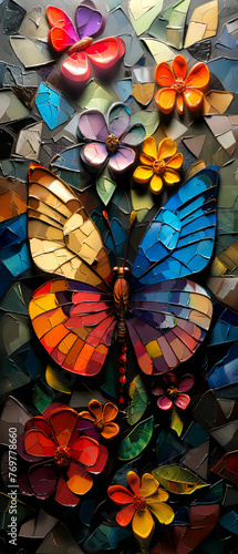 Colorful stained glass window with butterfly and flowers. Abstract background.