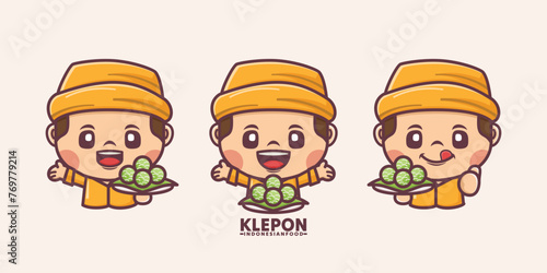 Cute cartoon character with klepon indonesian traditional food photo