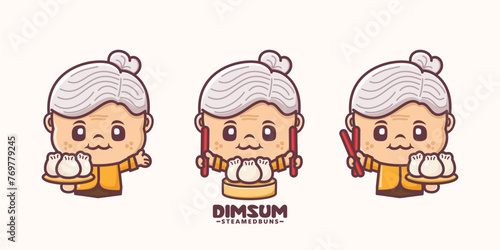 cute grandmother cartoon with dimsum steamed buns