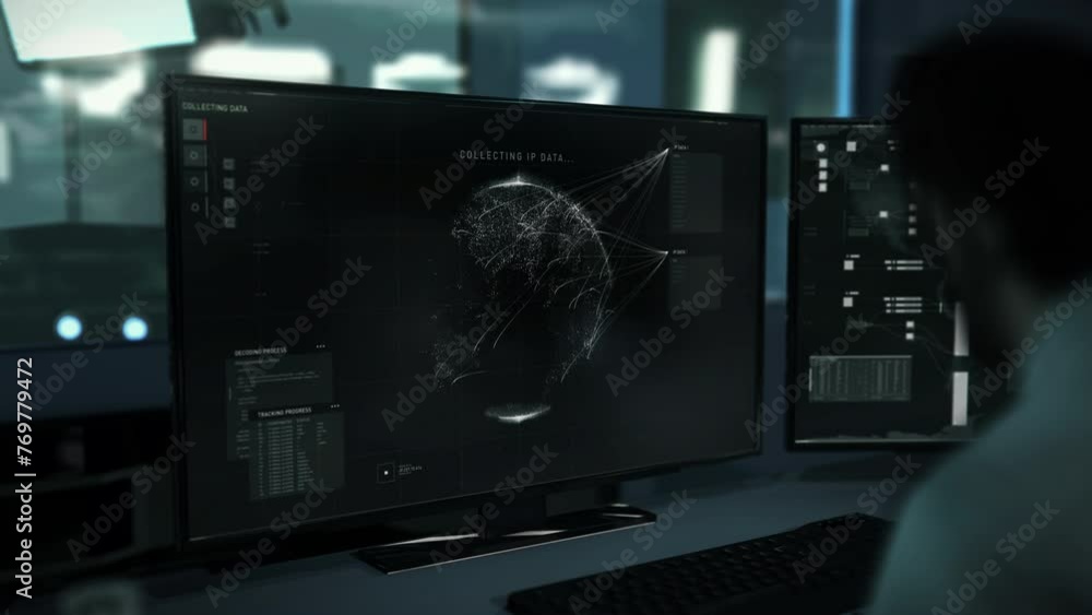 Tracking software is analyzing the virtual cyber map of the world. Tracking down the position of terrorists on the cyber map. Tracking software detects the position of target IP on a cyber map. UI Tracking software is analyzing the virtual cyber map of the world. Tracking down the position of terrorists on the cyber map. Tracking software detects the position of target IP on a cyber map. UI