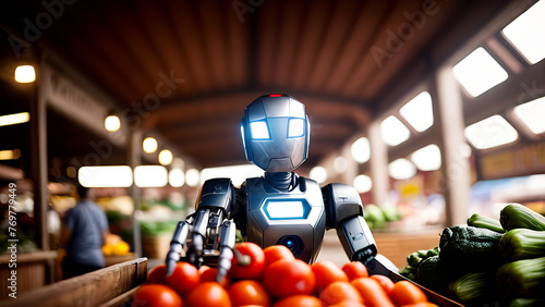 A humanoid iron robot shifts tomatoes at the market