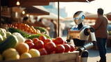 Humanoid robot seller in the morning at the vegetable market next to people