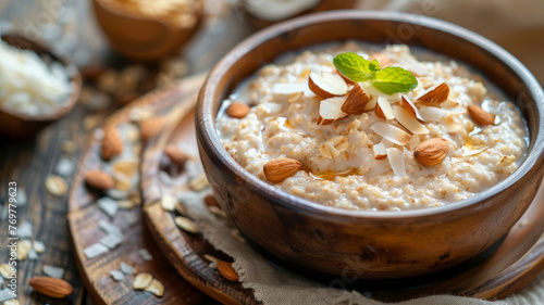 Bowl of oatmeal with almonds and mint