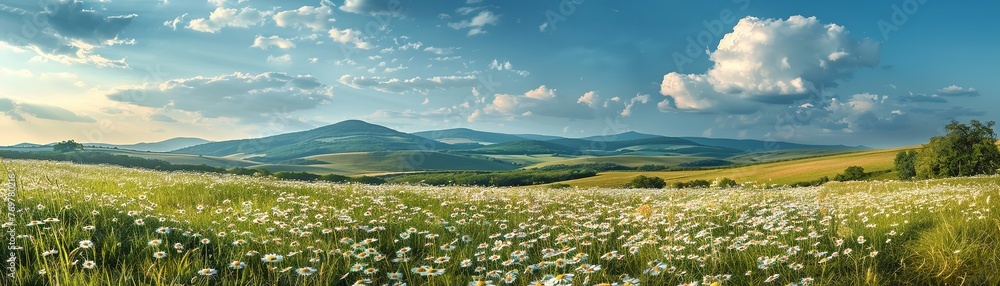 A gorgeous meadow in the spring and summer, bathed in sunlight with a plethora of daisies growing wild and a dazzling blue sky in the background, Generative AI.