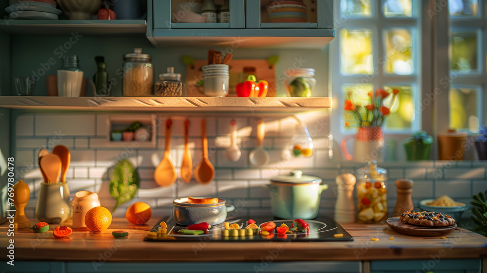 Cozy kitchen scene with morning light.