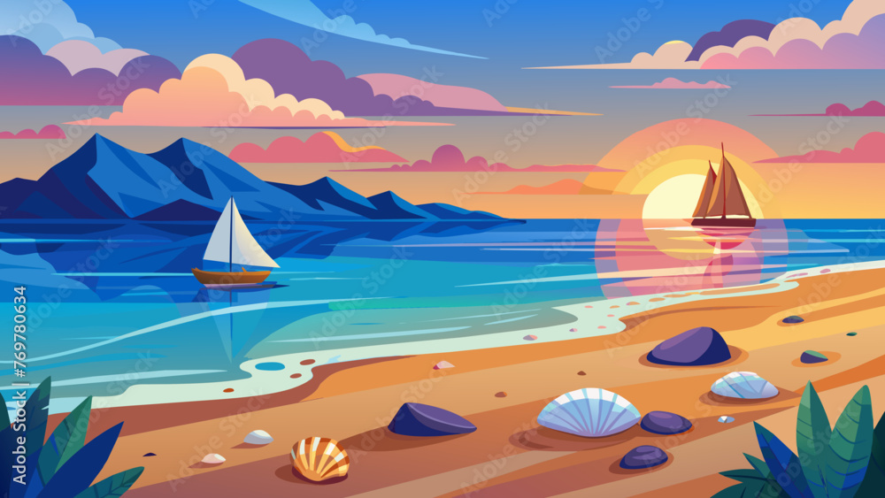 Tranquil Sunset Seascape Vector Illustration of Beachside Serenity