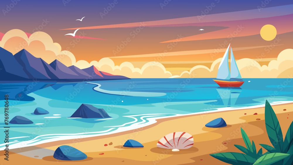 Tranquil Sunset Seascape Vector Illustration of Beachside Serenity